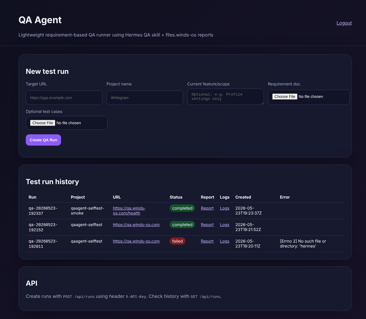 QA Agent dashboard and run history screenshot
