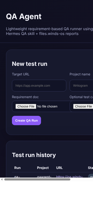 QA Agent mobile dashboard screenshot