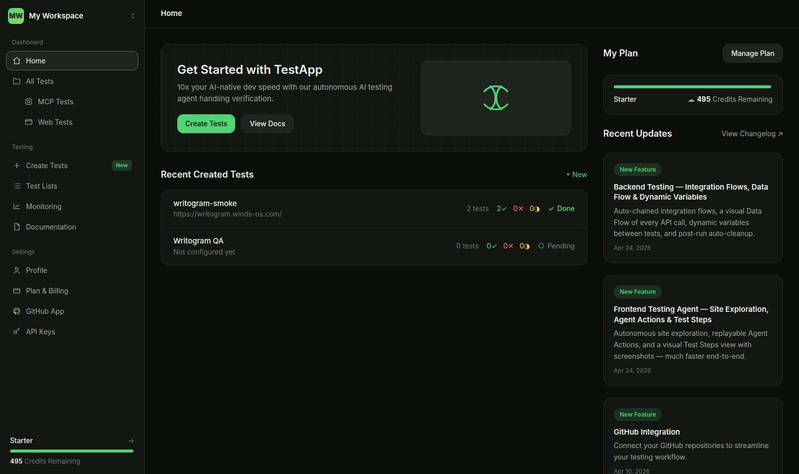 Home — dashboard with existing run history
