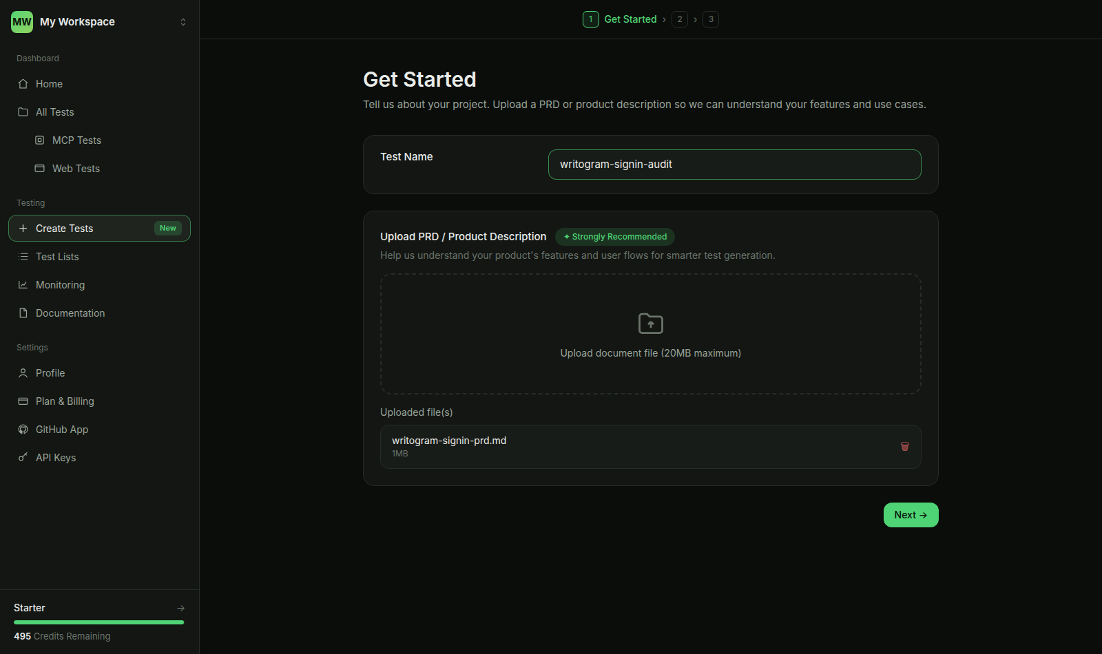 Create Tests Step 1 — name filled, PRD uploaded