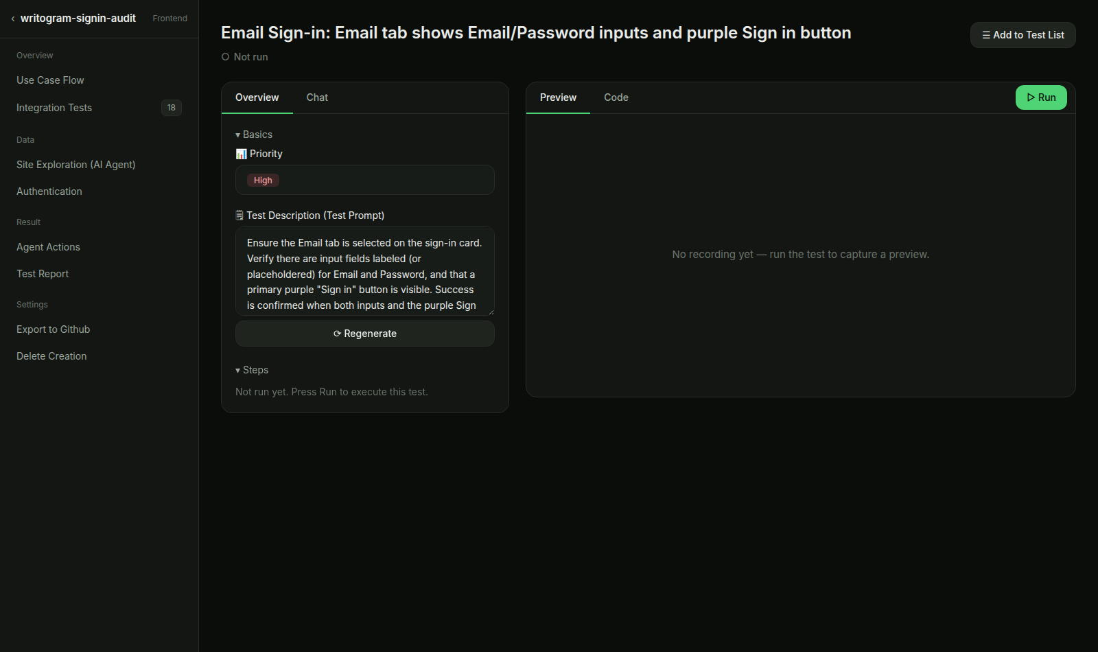 Test 1 (email form) — before Run