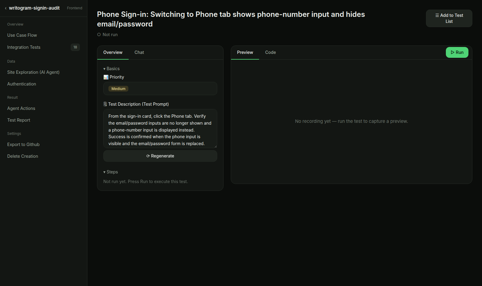 Test 2 (phone tab) — before Run