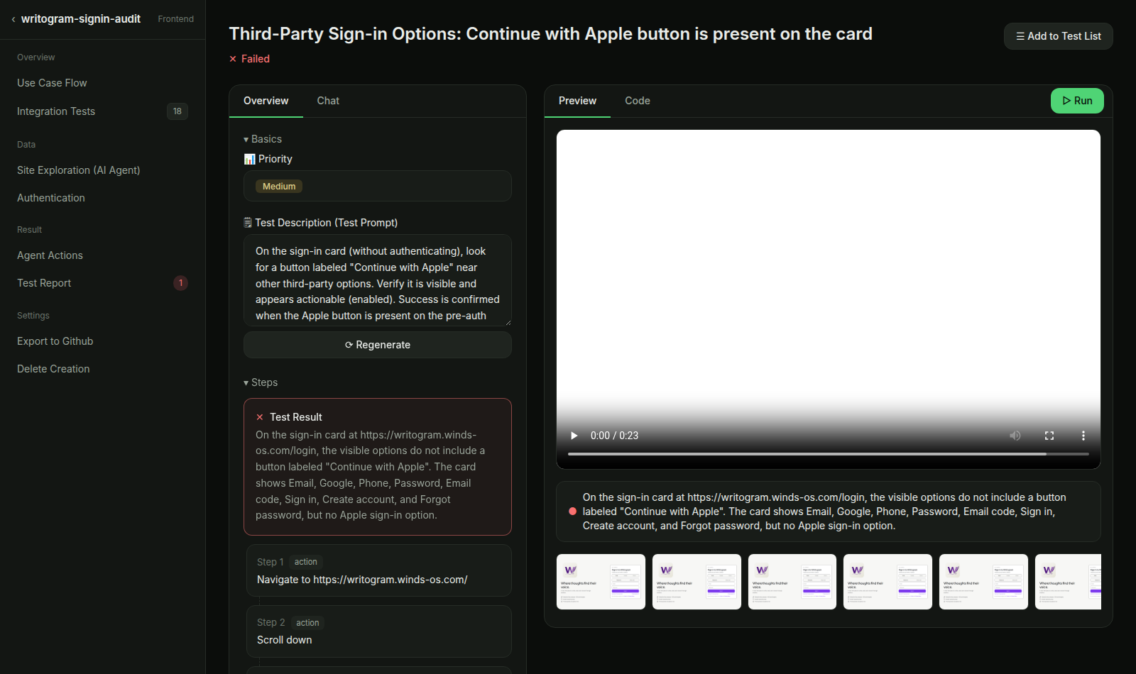 Test 3 — Verdict: Failed (Apple button absent)