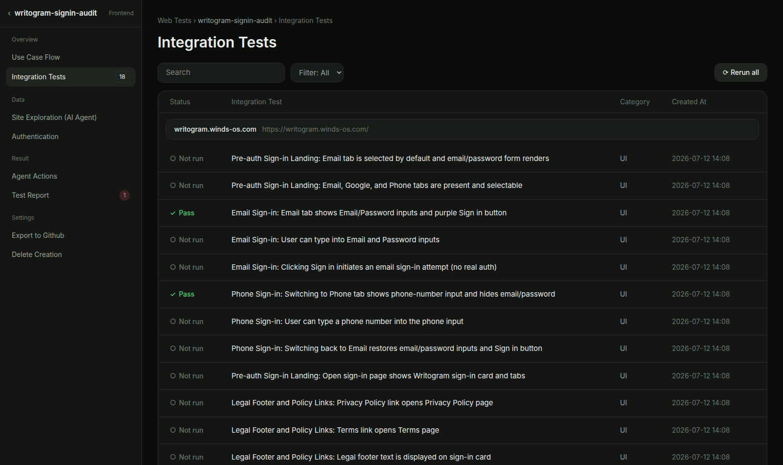 Integration Tests list with mixed verdicts