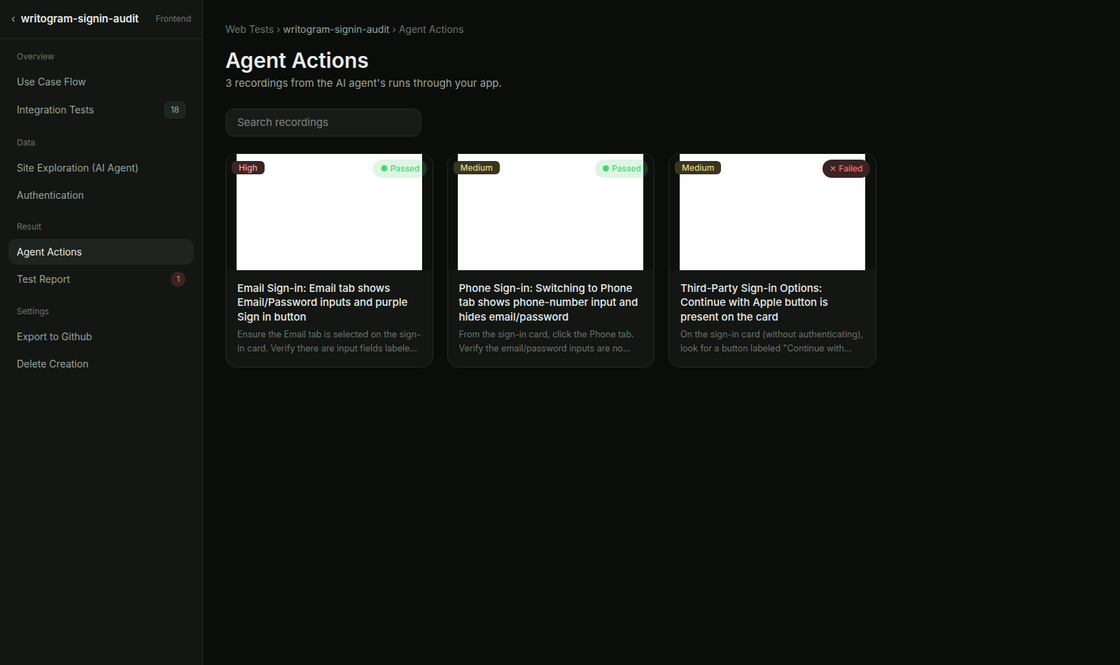 Agent Actions — run recordings