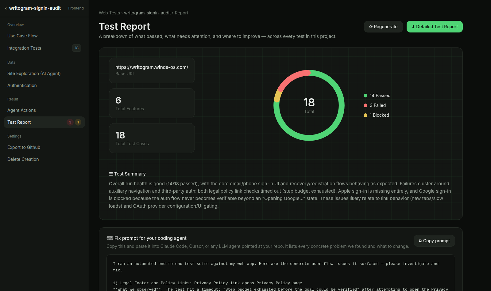 Final Test Report — 14 pass / 3 fail / 1 blocked