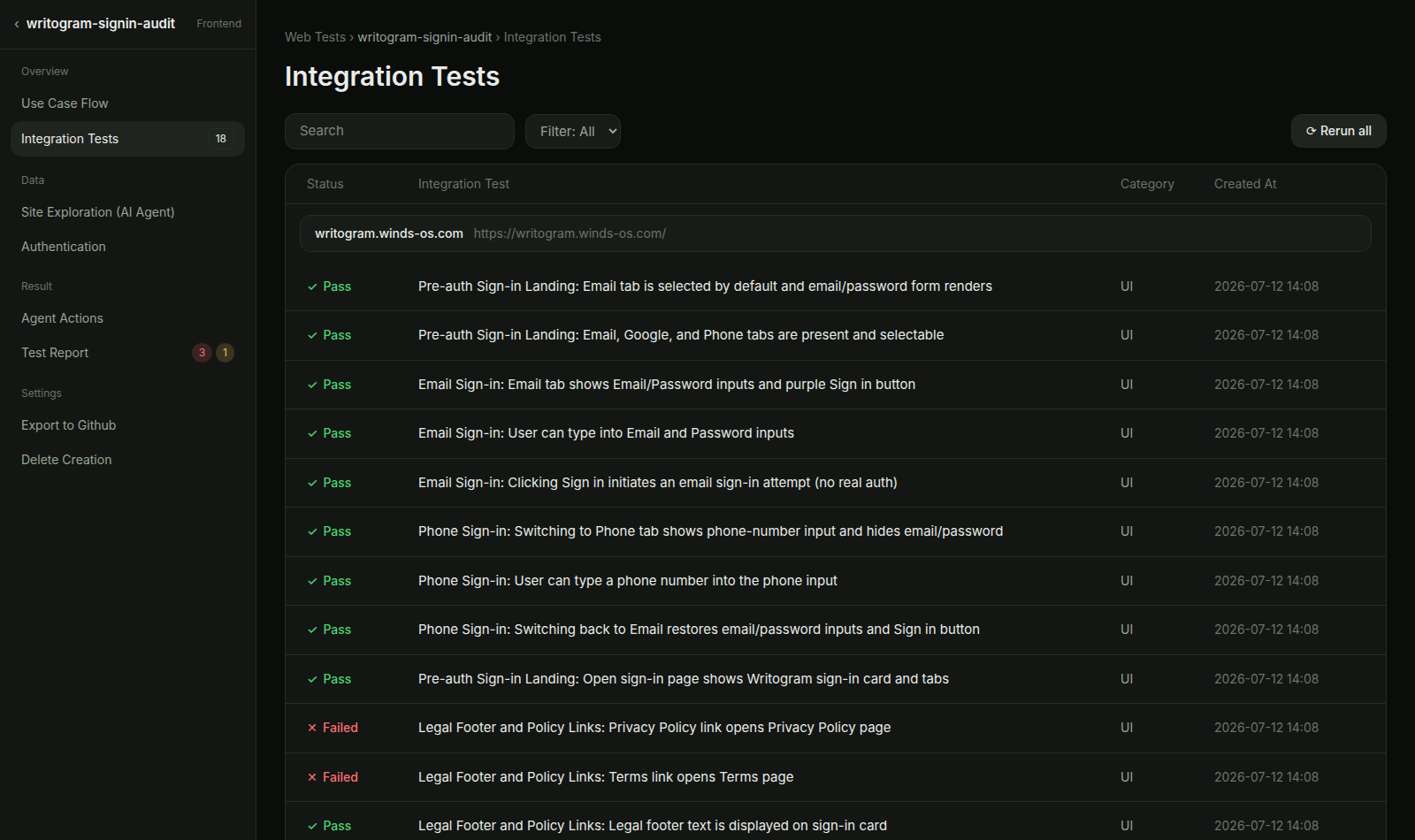 Integration Tests — all 18 executed